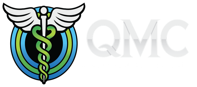 The logo for qmc is a caduceus with wings and snakes.